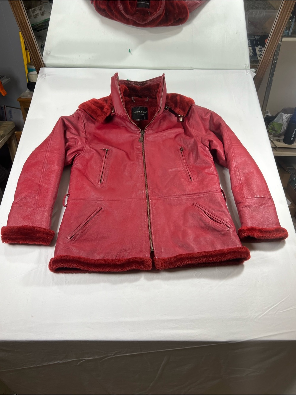 Women's Red Faux Shearling-Trim Leather Jacket